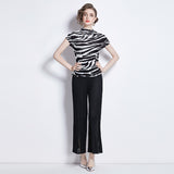 Suit Women's popular Summer T-Shirt Temperament Versatile Zebra Pattern Color Matching Short Sleeve Simple Versatile Skinny Flared Pants