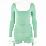 2025 autumn new square neck jumpsuit women's sexy tight sports long-sleeved drawstring tethered jumpsuit shorts