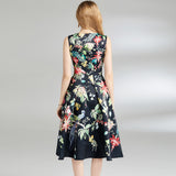 Spring and summer  women's round neck sleeveless vest pleated waist umbrella pendulum black background printed flower dress XL