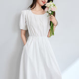 Cotton cocoon, white sweet short-sleeved dress women's summer new  design feeling pleated lace-up waist skirt