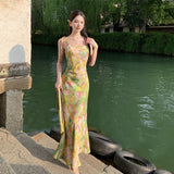 2025 Travel photo good-looking skirt, thin and tall artist oil painting skirt satin suspender skirt long gentle wind