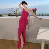 2025 Pure desire wind atmosphere vacation skirt backless tube top rose red design ruffle edge irregular split skirt