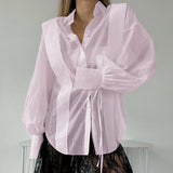 2025 Autumn and winter Russian white classic retro sexy commuting perspective temperament mesh loose long-sleeved lace-up shirt