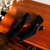2025  Korean version of one-word buckle polka dot diamond temperament high heels women's burgundy senior sense pointed Mary Jane slope heel single shoes women