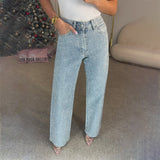 2025 street style design sense full diamond straight jeans women's spring and summer high waist versatile pants women's denim wholesale