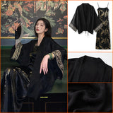 Summer national style new light luxury heavy industry printing loose silk shirt retro celebrity suspender skirt set M6056