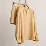 2025 spring and summer new linen buckle V-neck long-sleeved elastic waist loose shorts set