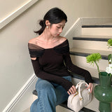 2025 popular spring new temperament one-word shoulder suspender bottoming shirt long-sleeved knitted sweater women's top 9729