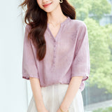 Cotton cocoon, heavy industry embroidered ramie shirt women