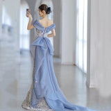 Light blue banquet dress, heavy industry bead super fairy light luxury fishtail skirt, toast dress, annual meeting one-word shoulder catwalk dress