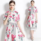 High sense light luxury temperament short sleeve lapel waist a word positioning printed shirt dress elegant dress long dress