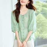 Cotton cocoon, heavy industry embroidered flower shirt women's summer  retro temperament commuter versatile shirt