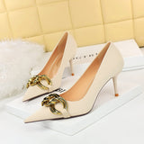 2025 7239-A1  fashion banquet women's shoes thin heel high heel shallow mouth pointed head large metal buckle single shoes high heels
