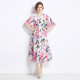 Chiffon dress women's popular new summer dress design sense printing medium sleeve loose and thin medium and long holiday skirt