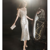 Fishtail evening dress women's 2025 new spring banquet temperament host golden annual meeting celebrity long dress