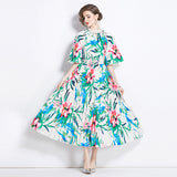 Popularan large-size women's clothing printing heavy industry beaded pleated long dress pleated skirt temperament dress women