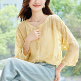 Cotton cocoon, ramie embroidered shirt, women's coconut leaf cardigan