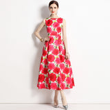 spring and summer new holiday style printing waist and thin elegant temperament sleeveless dress long women