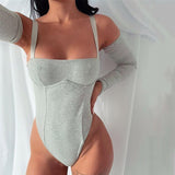 2025 New autumn clothing women's suspender top, sexy slim-fitting one-word collar, solid color chest-showing belt, long-sleeved onesie
