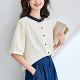 Cotton cocoon, color matching collar embroidered white shirt  summer new commuter casual women's Korean version versatile cardigan shirt