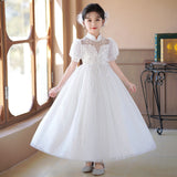 Kamames  Girls' Evening Dress Printed Sequined Back Bow Puff Sleeve Princess Dress Sweet Dress Tulle Skirt