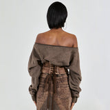 2025 Wasteland wind one-word collar off-the-shoulder pullover knitted sweater for women's high-end sense spring new made old curled waist knitted sweater