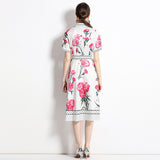 High sense light luxury temperament short sleeve lapel waist a word positioning printed shirt dress elegant dress long dress