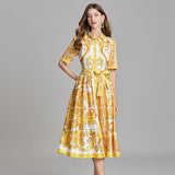 Popularan Station popular summer catwalk new retro printing medium and long dress lace-up waist lapel shirt dress