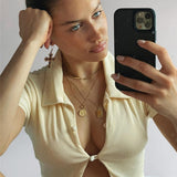 2025 women's clothing Spice Girls new retro cardigan summer solid color double-layer single-breasted lapel sexy casual T-shirt women