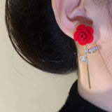 New Year's Red Velvet Rose Diamond Earrings Women's Sweet Tassel Ankola Red Zircon Camellia Earrings