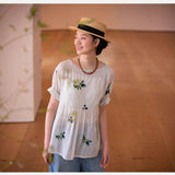 Mountain Free Women's Handmade Embroidery Skin-friendly Ramie, Fun Flower Embroidery Pullover T-Shirt, Top Shirt 220603