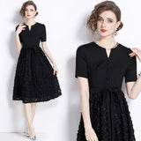 popular summer new women's clothing color matching fake two-piece three-dimensional flower dress skirt hand-nailed diamond pendulum dress
