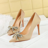 2025 1961-H61  style light luxury rhinestone bow pointed head thin heel middle heel satin single shoes wine glass and women's single shoes