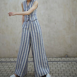 2025 spring and summer new linen vertical striped retro vacation suit high waist wide leg pants