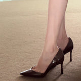 2025  2025 spring new pointed head light mouth patent leather coffee single shoes women's sexy V-mouth professional commuter stiletto high heels