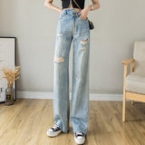 kamames Cross-Border Foreign Trade Ripped Jeans for Women Wide Leg Straight Wide Loose Summer Thin New Retro Draping Irregular Mop