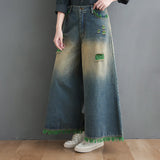 kamames Spring  New Slimming Loose Washed-out Denim Pants Ripped Wide-Leg Pants Retro Casual Jeans for Women