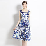 Retro temperament blue and white porcelain printed waist a word ruffle edge dress elegant seaside vacation style suspender dress