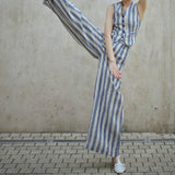 2025 spring and summer new linen vertical striped retro vacation suit high waist wide leg pants