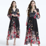 Spring and Autumn  court style temperament thin  chiffon mesh dress women's big pendulum A-word printing long dress