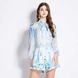 2025 suit women's sweet bow tie lantern long sleeve waist printed chiffon shirt + shorts two-piece set