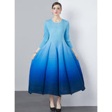Miyake gradual change color dress women commuter advanced sense seven-quarter sleeve pleated bud skirt big swing long dress large size women's clothing