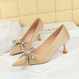 2025 1961-H61  style light luxury rhinestone bow pointed head thin heel middle heel satin single shoes wine glass and women's single shoes