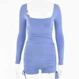 2025 autumn new square neck jumpsuit women's sexy tight sports long-sleeved drawstring tethered jumpsuit shorts