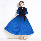 popular summer new pleated celebrity short-sleeved stand-up collar waist a word gradual change color dress elegant dress long dress