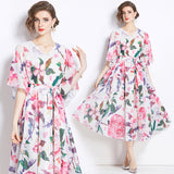 Chiffon dress women's popular new summer dress design sense printing medium sleeve loose and thin medium and long holiday skirt