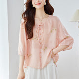 Cotton cocoon, heavy industry embroidered flower shirt women's summer  retro temperament commuter versatile shirt