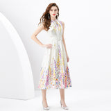Women's Clothing Spring/Summer popular - Ribbon Neck Sleeveless Pleated Single Placket Long Vintage Oil Painting Printed Dress