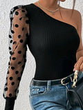 New women's clothing popular new slanted shoulder single-sleeved polka dot mesh stitching long-sleeved waist and thin women's top T