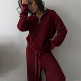 2025 Lazy style fashion semi-zipper casual sweater set women's high-end spring and autumn trend set women's two-piece set
